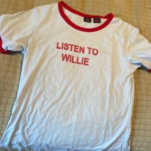 Sky blue ringer tee “Listen to Willie”